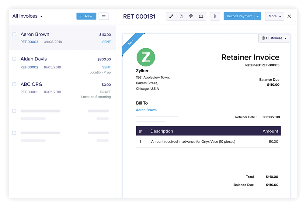 Retainer Invoices - Best Invoicing and Accounting Software | Zoho Books
